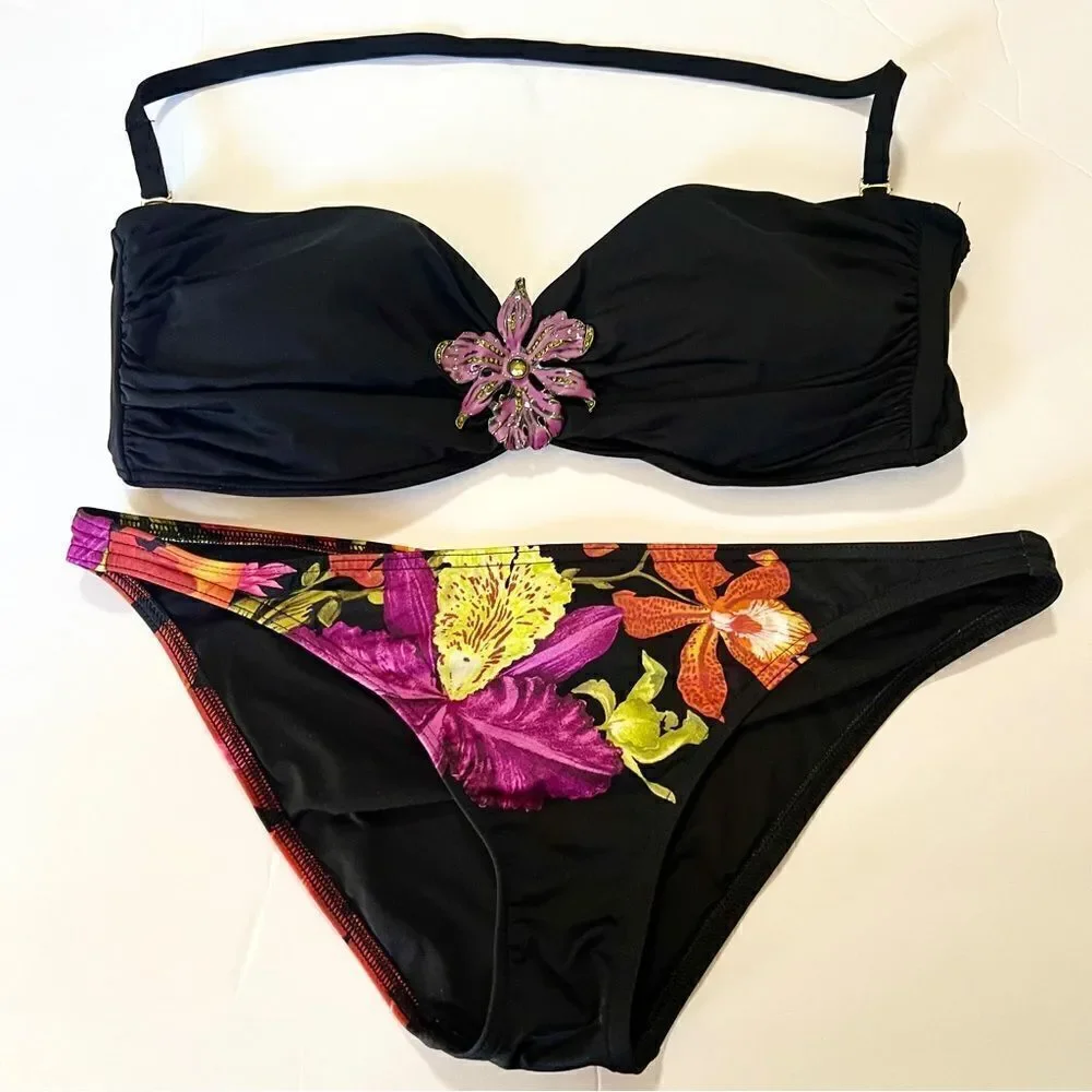 Retro Victoria’s Secret 2 Piece Tropical Bikini Swim Black Floral Low Rise S & L